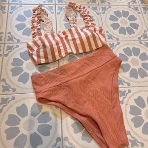 Aerie Ruffle Trim Stripe Bikini Top and high waisted bottoms peach orange nude